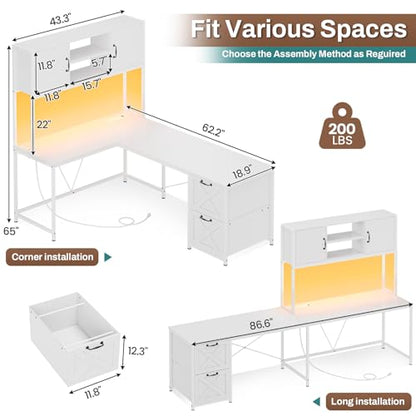 White L Shaped Office Desk, Farmhouse Home Office Desk with Fabric File Drawers and Power Outlet, Corner Gaming Desk with LED Lights, Hutch and Storage Shelves