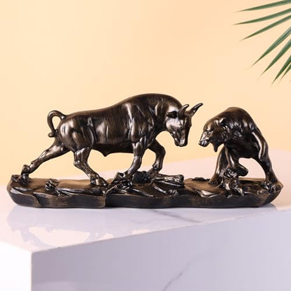 Wall Street Bull Statue, Bull Market and Bear Market Statue, Stock Market Sculpture, for Office, Desktop, Bookshelf, Living Room, Study, Home Decor, Financial Advisor Gift (Brown)