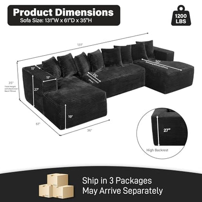 131" Oversized Cloud Boneless Sofa for Living Room, Modern Sectional U Shaped Plush Corduroy Couch, Comfy Deep Seat Boneless Sofas with 8 Pillows Double Chaise Lounge Sectional Couch,Black