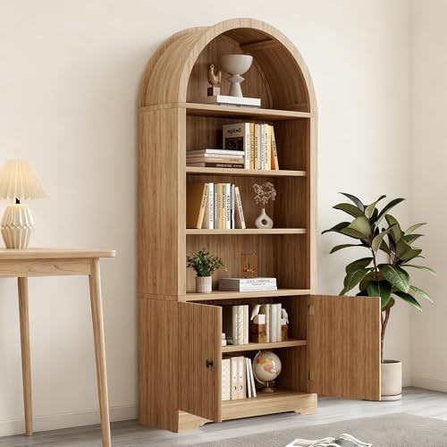 70" Modern Tall Arched Bookshelf, 2 Doors 6 Tiers Arch Cabinets with Storage, view 4