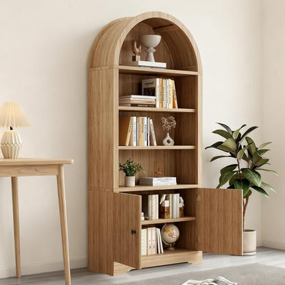 70" Modern Tall Arched Bookshelf, 2 Doors 6 Tiers Arch Cabinets with Storage, view 4