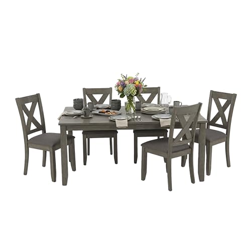 Signature Design by Ashley Caitbrook Rustic 7-Piece Dining Set – Rectangular Table with 6 X-Back Upholstered Chairs, Gray