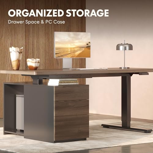 FLEXISPOT 55" Executive Standing Desk with Drawers & CPU Holder, Dual Motor Height Adjustable Desk, 222 LBS Capacity, 1" Thick Desktop, Home Office Workstation, Black Walnut, 3 Packages