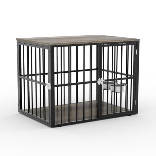 43'' Heavy Duty Dog Crate Furniture with 2 Doors and Adjustable Bowls, view 3