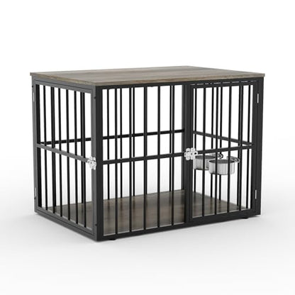 43'' Heavy Duty Dog Crate Furniture with 2 Doors and Adjustable Bowls, view 3