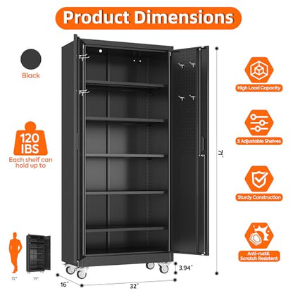71" Metal Garage Storage Cabinet with Wheels,Pegboard,Lock,5 Shelves, view 5
