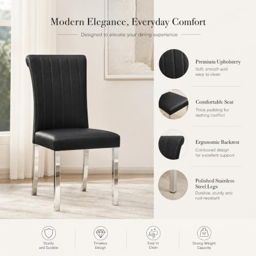 Black Leather Dining Chairs Set of 2, Silver Stainless Steel Legs, view 6