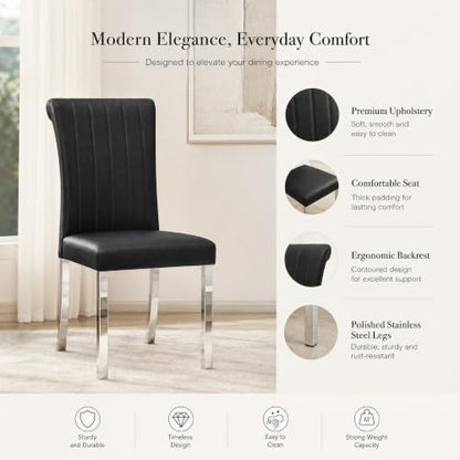 Black Leather Dining Chairs Set of 2, Silver Stainless Steel Legs, view 6