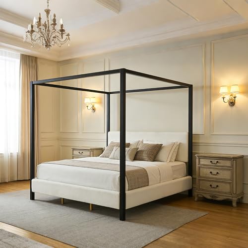Modern King Szie Metal Canopy Bed with Plush Bouclé Upholstery, view 4