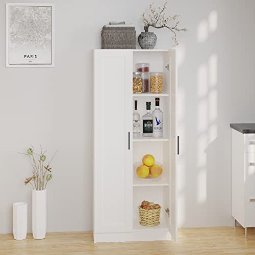 Wooden Storage Cabinet, Narrow Pantry Cabinets Free Standing Tall Storage Cabinet with 2 Doors and Shelves (White)