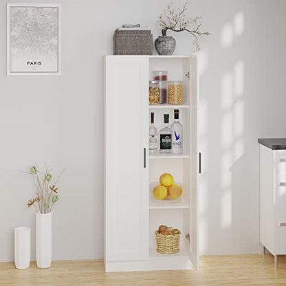 Wooden Storage Cabinet, Narrow Pantry Cabinets Free Standing Tall Storage Cabinet with 2 Doors and Shelves (White)