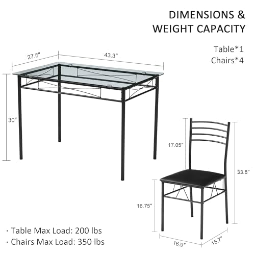 Kitchen Dining Table and Chairs Set for 4, Padded Seat & Glasses Tabletop, Space Saving, Matte Black
