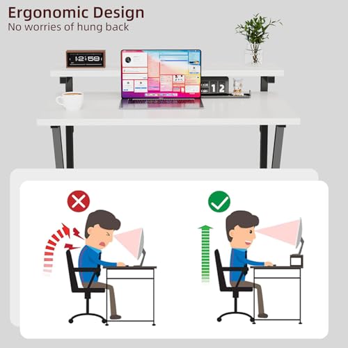 Small Desk, Small Computer Desk for Spaces, 27.5 Inch Computer Desk with Adjustable Monitor Stand, Compact Desk with Storage for Bedroom Home Office, White Tabletop+Black Frame