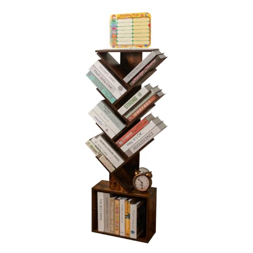 7 Tier Tree Book shelf, Small Bookcase with Reading Planner and Activity Panel, Modern Floor Standing Corner Tall Narrow Storage Cabinet Bookshelves for Home Office Bedroom Living Room (Rustic Brown)