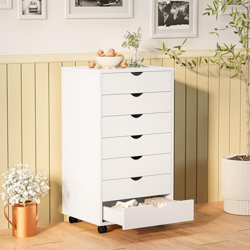 7 Drawer Rolling Storage Cabinet, Wood Under Desk Mobile Dresser with Wheels, view 3
