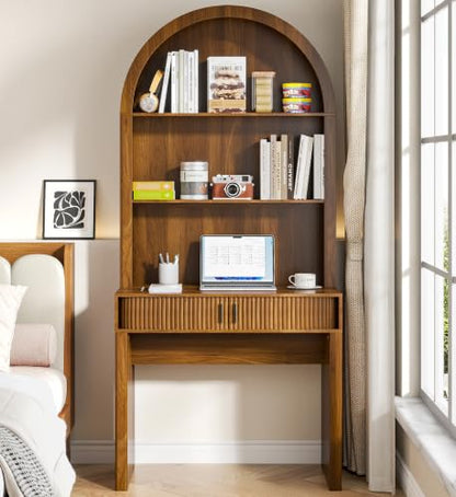 75'' Arched Computer Desk with Hutch, Home Office Desk, Walnut, view 2