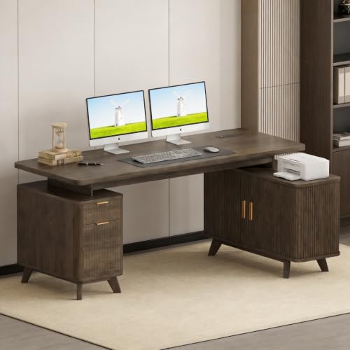 63" Farmhouse L Shaped Executive Desk, Brown, view 2