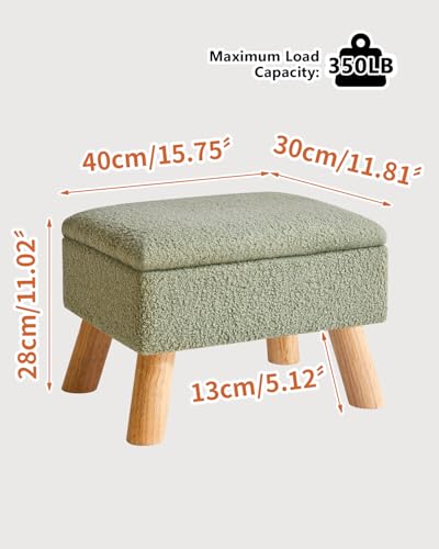 Storage Ottoman,Small Foot Stool, 15.75"×11.81"×11.02" Green,HBD042GR | Teddy Velvet,Sturdy Wood Legs,Footstool with Padded Seat, For Living Room Bedroom Couch Entryway