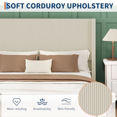 King Bed Frame with 4 Storage Drawers, Corduroy Upholstered Platform Bed, view 7