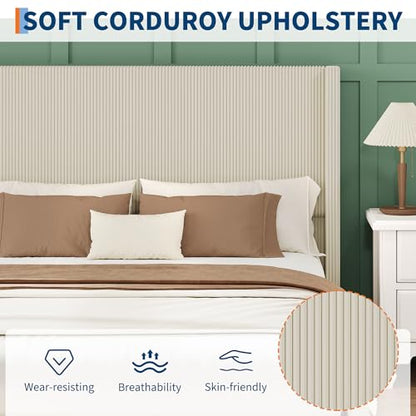 King Bed Frame with 4 Storage Drawers, Corduroy Upholstered Platform Bed, view 7