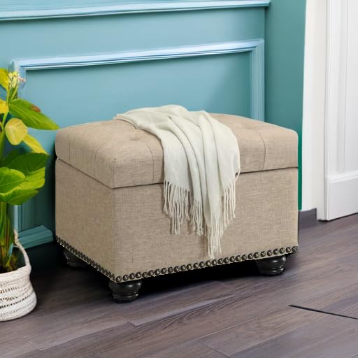 Designs4Comfort 5th Avenue Storage Ottoman 24" - Contemporary Foot Stool and Seat with Hinged Lid for Living Room, Dining Room, Office, Den, Tan Fabric