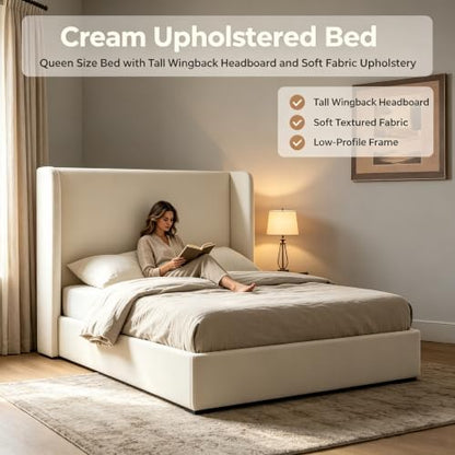 Queen Carmen Wingback Platform Bed 54" High Ivory Canvas Upholstered Headboard, view 3