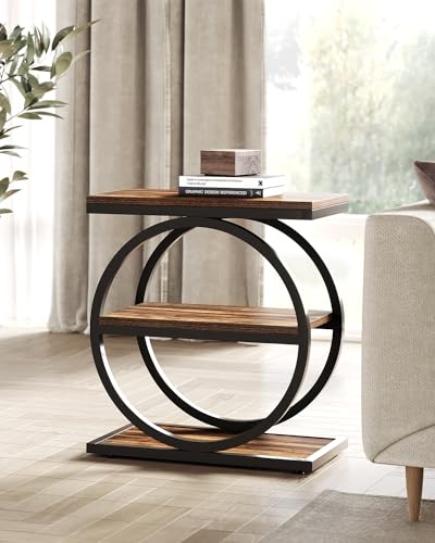 End Table, 3-Tier Side Table, Slim Sofa Side Table for Living Room, Tall Bedside Table Nightstand for Bedroom, Rustic Brown and Black