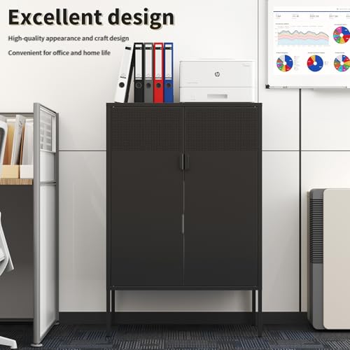Black Metal Storage Cabinet with 2 Doors - 47''H Locker Cabinet, 3 Tier Locker Door with Adjustable Shelves,Metal Sideboard for Home, Living Room,Office Kitchen and Bathroom
