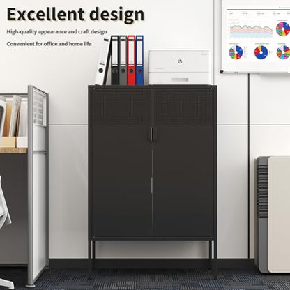 Black Metal Storage Cabinet with 2 Doors - 47''H Locker Cabinet, 3 Tier Locker Door with Adjustable Shelves,Metal Sideboard for Home, Living Room,Office Kitchen and Bathroom
