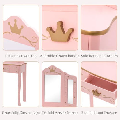 Pink Crown Princess Kids Vanity Set with Drawer for Little Girls, view 5
