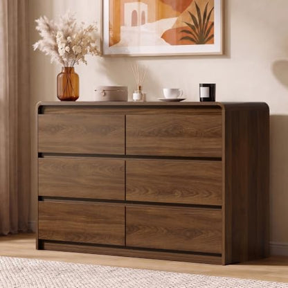 6 Drawer Dresser, 47" Wide Walnut Dresser Wooden Dresser for Bedroom, view 3