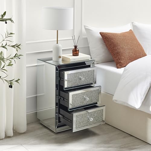 Stella Crushed Diamon Mirrored Crystal Bedside Table Bedside Cabinet Modern Stylish 3 Drawer Bedroom Storage Bedroom Furniture
