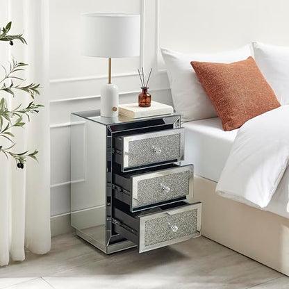 Stella Crushed Diamon Mirrored Crystal Bedside Table Bedside Cabinet Modern Stylish 3 Drawer Bedroom Storage Bedroom Furniture