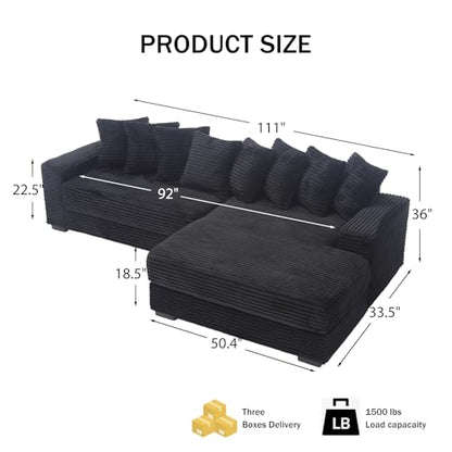 111 Inch Corduroy Sectional Couches for Living Room | L-Shaped Sectional Couch with 8 Pillows | Cloud Couch with Deep Seat | Solid Wood Frame Sofa Black (Right Facing Chaise)