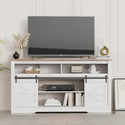 Farmhouse Fireplace TV Stand for TVs up to 65+ Inch, Rustic White, view 7