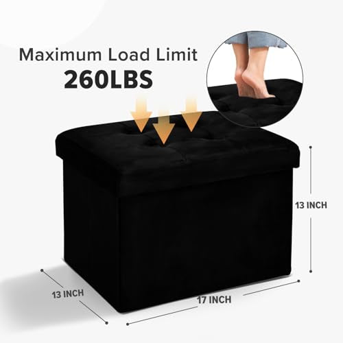 Storage Ottoman Folding Foot Stool Velvet Foot Rest with Padded Modern Ottoman with Storage for Living Room Puppy Step Stool 17x13x13in(Black)