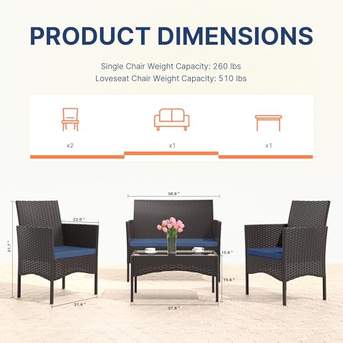 4-Piece Outdoor Patio Furniture Set, Wicker Rattan Chairs & Sofa with Cushions and Glass Coffee Table, Conversation Set for Backyard, Lawn, Porch, Pool, Garden (Navy-2)