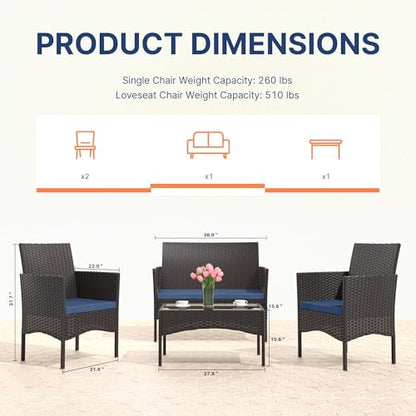 4-Piece Outdoor Patio Furniture Set, Wicker Rattan Chairs & Sofa with Cushions and Glass Coffee Table, Conversation Set for Backyard, Lawn, Porch, Pool, Garden (Navy-2)