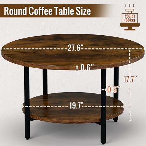 Round Coffee Table, 27.6" Circle Coffee Table for Living Room, 2-Tier Wood Accent Center Table with Open Storage Industrial Design Home Furniture, Rustic Brown