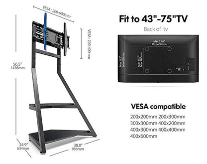 Corner TV Stand with Wheels for 43 55 65 70 75 Inch TV, Black TV Cart Floor Stand, Modern TV Stand with Wooden Storage Shelves, Eiffel Series
