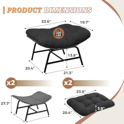Indoor Outdoor Ottoman Set of 2, Large Wide Double Patio Footstool, PE Rattan Thicken Cushioned Footrest, All-Weather Wicker Furniture for Balcony, Porch, Living Room, Egg Chair, Grey