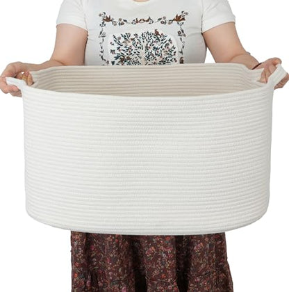 Large Rectangle Blankets Basket Living Room 22"x17"x12" Woven Cotton Rope Storage Baskets for Nursery Toy Baskets for Kids and Dogs Laundry Basket Bin for Clothes Towels white