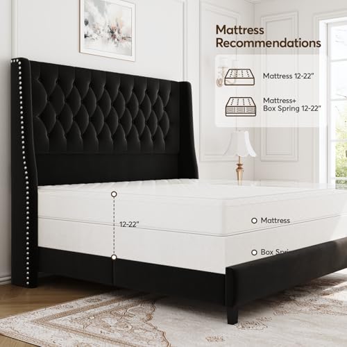 Queen Upholstered Bed Frame, 55.4'' Tall Headboard with Wingback, view 5