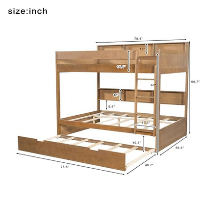 JIVOIT Full Over Full Bunk Bed with Pull-Out Trundle, Space-Saving Wood Bunk Bed Frame with Built-in Storage Shelves, Ladder, Modern Design, No Box Spring Required (Antique Wood/Full,9)