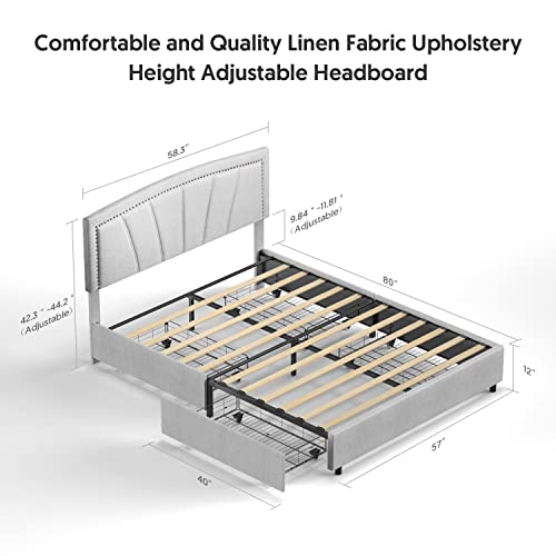 Storage Bed Frame Upholstered Low Profile Traditional Platform with Tufted and Nail Headboard/No Box Spring Needed/4 Pull Out Drawers/Light Grey Linen Fabric (Full Size)