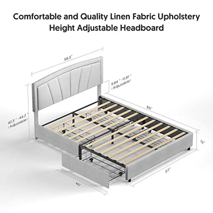 Storage Bed Frame Upholstered Low Profile Traditional Platform with Tufted and Nail Headboard/No Box Spring Needed/4 Pull Out Drawers/Light Grey Linen Fabric (Full Size)