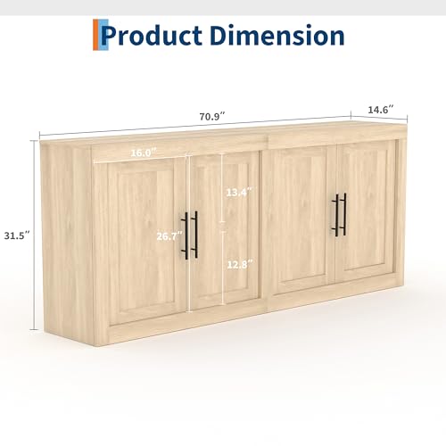 70.8" Sideboard Buffet Cabinet with 4 Wooden Doors, Natural, view 3
