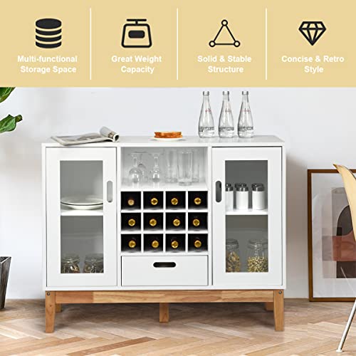 Kitchen Storage Sideboard, Coffee Bar Cabinet w/ 12 Bottle Wine Rack, 2-Doors Transparent Cabinet, 3-Position Adjustable Shelf, One Drawer, Dining Buffets Cabinet for Kitchen Entryway