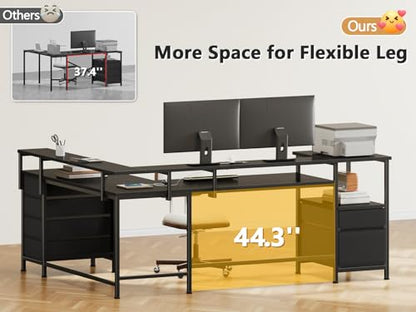 66" Reversible L Shaped Gaming Desk with 6 Drawers & Printer Storage Shelves, Corner Computer Desk with Power Outlets & LED Lights, Home Office Table with Monitor Stand, Black