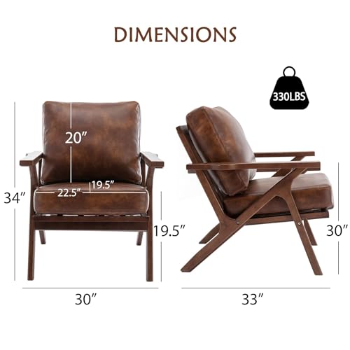 Mid Century Modern Chairs,Accent Chairs Set of 2, Comfy Upholstered PU Leather Armchair with Solid Wood Frame, Retro Leisure Chair Reading Nook Chair for Living Room Bedroom Office